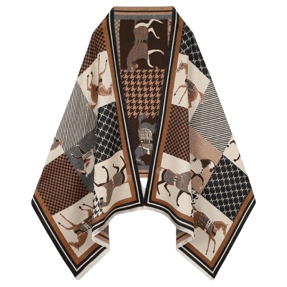 Source Unknown H Horse Poncho Scarf Brown Houndstooth OS